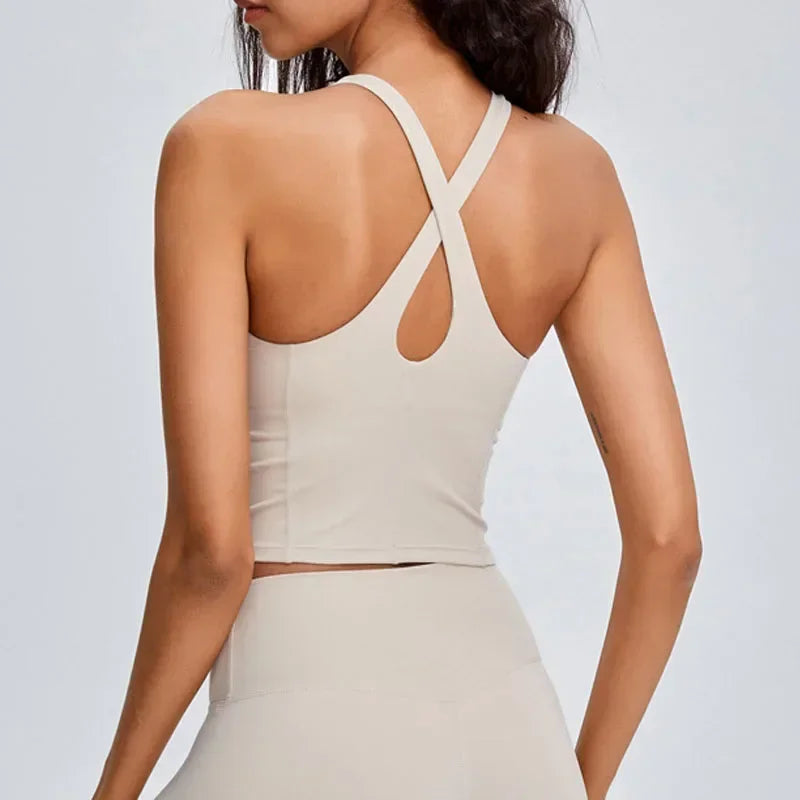 Comfy Cross Back Wide Strap Padded Tank Crop Top